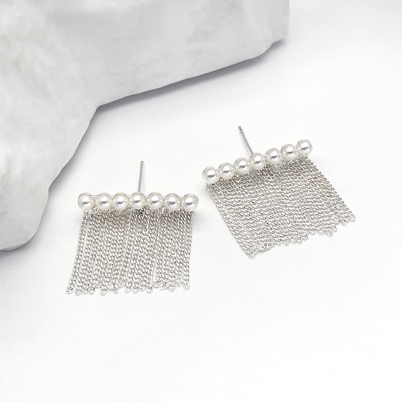 ZHONGTAI Sweet and little fresh earrings 22.6mmx22mm French minimalist style tassel earrings, pearl earrings, high-end chain tassel earrings