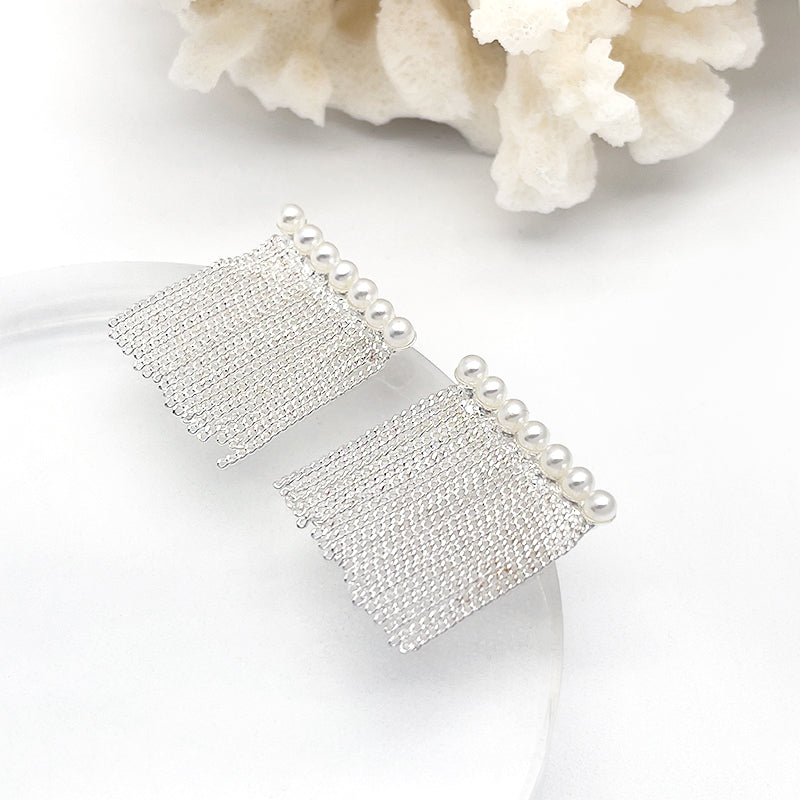 ZHONGTAI Sweet and little fresh earrings 22.6mmx22mm French minimalist style tassel earrings, pearl earrings, high-end chain tassel earrings