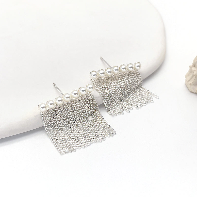 ZHONGTAI Sweet and little fresh earrings 22.6mmx22mm French minimalist style tassel earrings, pearl earrings, high-end chain tassel earrings