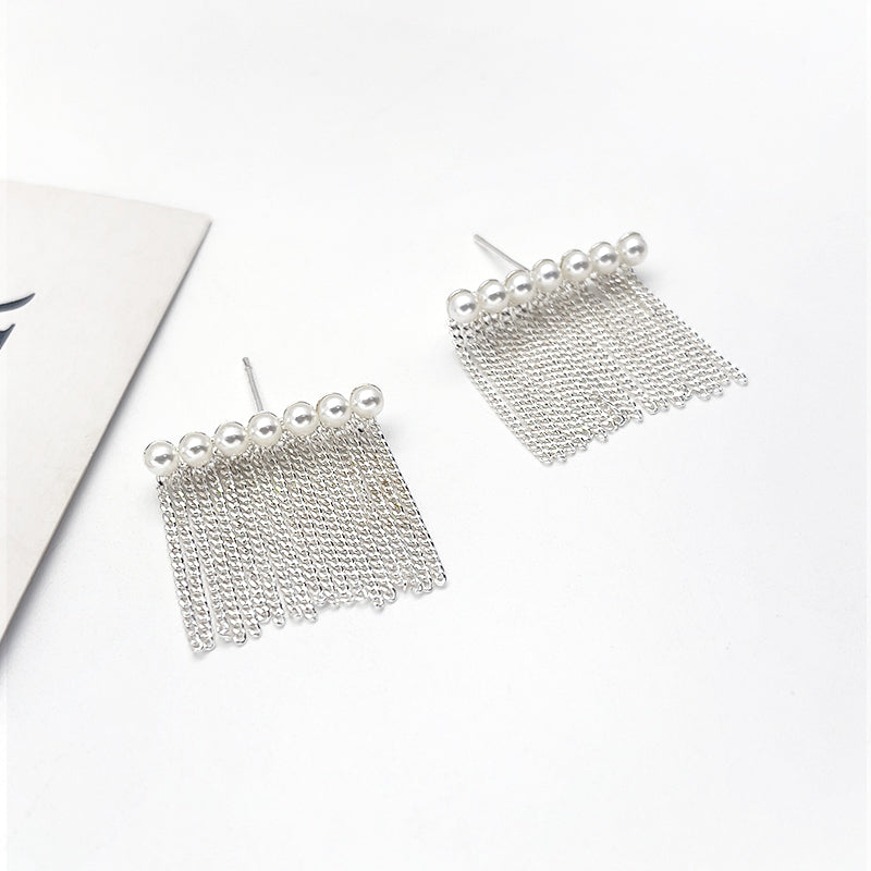 ZHONGTAI Sweet and little fresh earrings 22.6mmx22mm French minimalist style tassel earrings, pearl earrings, high-end chain tassel earrings