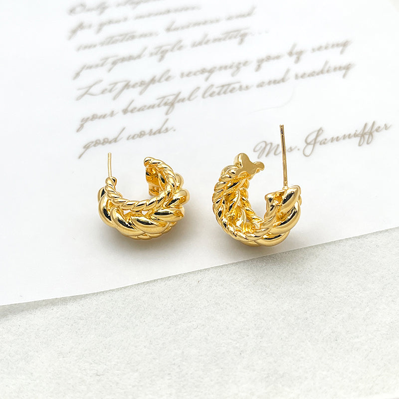 ZHONGTAI Sweet and little fresh earrings 18.5mmx10.5mm Fried Dough Twists Twist Ring European and American Style Ear Studs Small Popular Vintage Metal Knitted Ear Studs